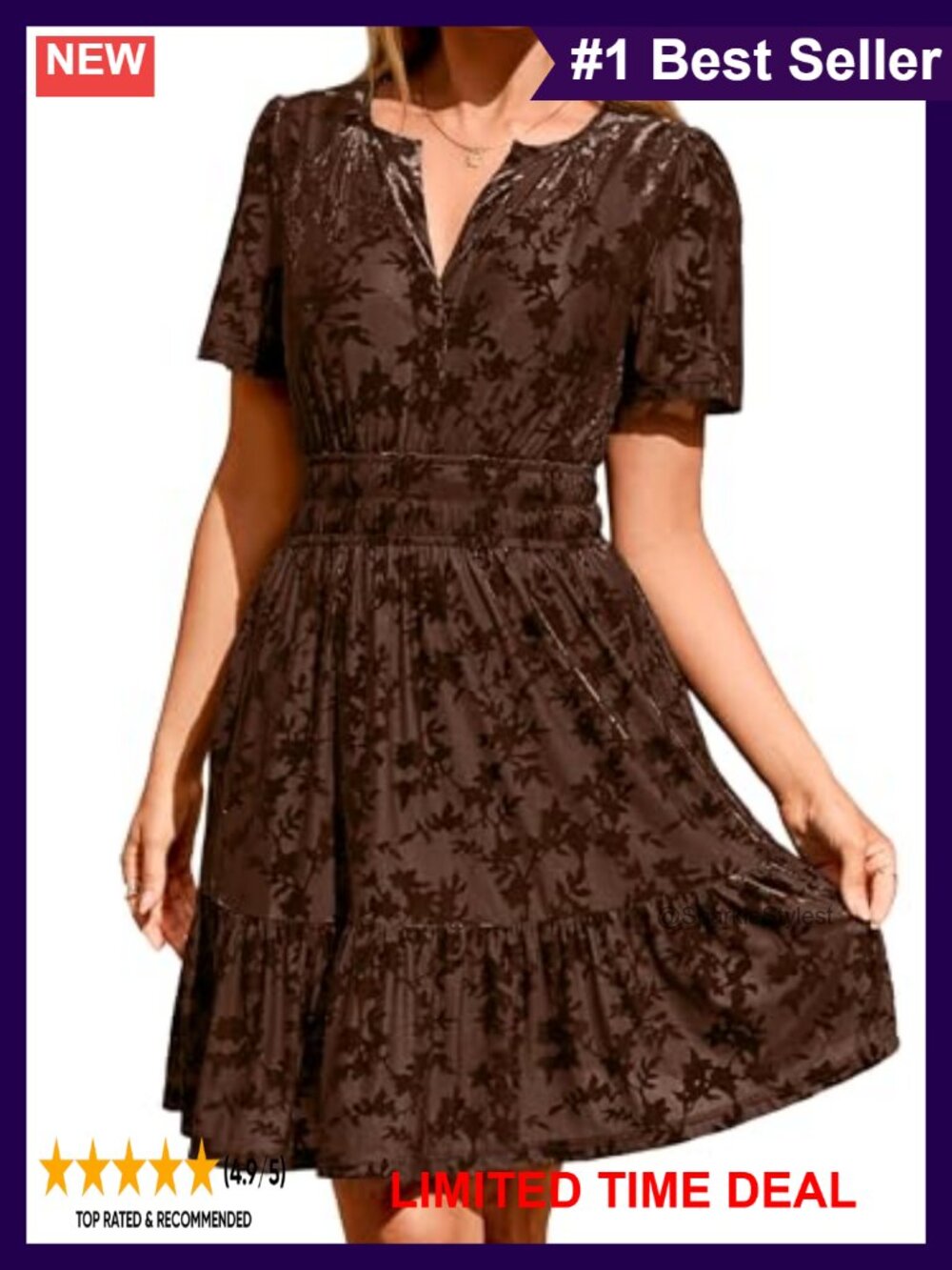 Velvet Short Sleeve V Neck Empire Waist Mini Dress with Pockets